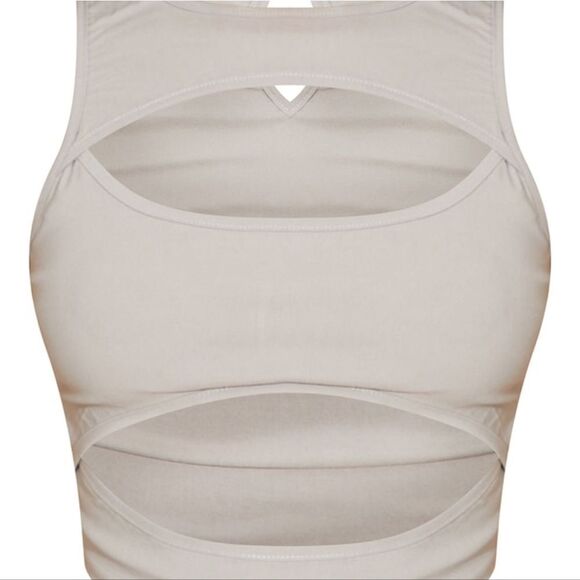 PrettyLittleThing Stone Stretch Woven Cut Out Front Racer Top Size 4 in Grey NWT - Picture 5 of 6